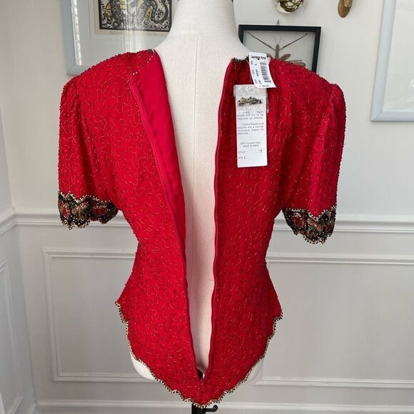 NWT NOS Laurence Kazar Beaded Sequin Short Sleeve Silk Top Red L - Picture 6 of 9